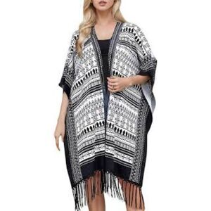 Ruggine Kimono Boho Western Duster Shawl Poncho Wrap Fringe Hem One Size